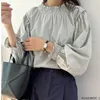 Женские блузки FLHJLWOC Топы с оборками Женская дизайнерская одежда в корейском стиле с расклешенными рукавами Элегантные офисные женские милые базовые рубашки с милой лентой