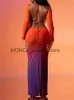 Swimwwear Women Orange Gradient Long Manched Beach Cover Up Femmes Coup Townless MAXI Robe d'automne hivernale Rucched Bodycon Cover Upsh24222