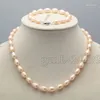 Halsbandörhängen Set Kvinnor smycken äkta naturligt sötvatten 7-8mm lavendel akoya odlade pärlarmband