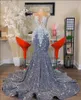 2024 Glitter Silver Mermaid Prom Dresses Luxury Sheer Neck Applique Crystal Beaded Sequins Party Gowns Evening Gowns Robe BC15713 0222