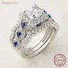 Rings newshe 3 pc's trouwringen ingesteld voor vrouwen 925 zilver 2.6ct prinses gesneden wit blauw aaaaa cz luxe bruids engagement sieraden