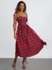 Casual Dresses Women Summer Midi Cami Dress Red Sleeveless Backless Spaghetti Strap Plaid Party