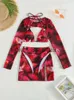 Maillots de bain pour femmes Sexy Red Tie Dye Bikinis Ensembles Femmes Manches longues Cover Up Séparé avec jupe 4 pièces Maillot de bain Maillot de bain Taille haute H24222