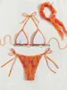 Damenbadebekleidung Sexy Band 3 Stück Bikini Set Frauen Orange Blumendruck Falten Push Up Micro 2024 Badeanzug Krawatte Seite Tanga BadeanzugH24222