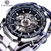 Zrezygnowanie z srebrnej stali nierdzewnej Wodoodporne zegarki męskie szkieletowe zegarki Top Marka luksusowy przezroczysty mechaniczny męski zegarek na nadgarstek Y1294O