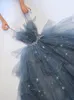 Superbes robes de soirée bleues couches de tulle avec perles longues robes de bal à lacets dans le dos taille haute