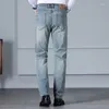 Erkekler Kot 2024 Sonbahar Düzenli Düz Retro Sıkıntılı Yüksek Bel Pamuk Elastik Denim Pantolon İş Gündelik Pantolon