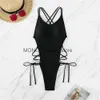 Damenbadebekleidung Schwarzer einteiliger Badeanzug Damen Schnürung Rückenfreier Tanga 2023 Sexy Solid Criss Cross Badeanzug Abnehmen BodysuitsH24222