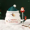 Canecas Bonito Natal Cerâmica Caneca Crianças Kawaii Boneco de Neve Papai Noel Xícara de Chá de Leite com Tampa e Colher Ideias de Presente para Adultos Amigos