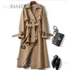 Casacos de Trench das Mulheres Kaaazi Inverno Camisa Longa Vestido Mulheres Marrom Windbreak Trench Coat Coreano Plus Grande Tamanho Casual Outerwear Espessamento Moda 4XL T240222