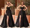 Modern Black Evening Dresses Sexy A Line Halter Neck Appliques Ruffles With Detachable Train Party Occasion Gowns Arabic Formal Vestidos Prom Wears