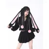 Women's Hoodies Rabbit Ear Black Sweet Hooded Coat Thin High Waisted Casual Zipper Cardigan Preppy Style Korean Fashion Fall