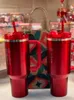 미국 주식 휴일 레드 텀블러 Quencher H2.0 40oz 스테인레스 스틸 텀블러 컵 컵 실리콘 핸들 뚜껑 2 세대 겨울 핑크 자동차 머그잔 수박 달빛 GG0222
