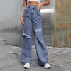 Jeans femininos cintura alta barril para mulheres perna larga rasgado calças jeans cortadas baggy namorado com bolsos casuais