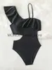 Mulheres Swimwear Sexy Ruffle Swimsuit 2023 Mulheres Sólido Preto Oco Out Barriga Controle Uma Peça Ombro Banheira Terno Natação SetsH24222