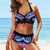 Dames Badmode 2022 Nieuwe Dames Vintage Print Bikini Tweedelige Set Badmode Badpak Zomer Strandkleding Hoge Taille Badmode Los Badpak T240222