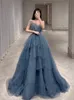 Superbes robes de soirée bleues couches de tulle avec perles longues robes de bal à lacets dans le dos taille haute