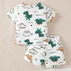 Set di abbigliamento Set di t-shirt e pantaloncini estivi a maniche corte con motivo a lettere di dinosauro per ragazzi e ragazze