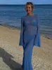 Robe tricotée creuse dos nu transparente avec col rond manches longues taille haute robe de protection solaire pour femmes en bord de mer 240222