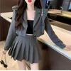 Two Piece Dress Lnsozkdg Women's Jacket Long Sleeve Student Pleated Skirt Suit Female Grey Blazer Lady Office Work Blazers Short Sets
