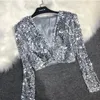 Vestes Femmes Paillettes Patch Veste Femmes Printemps Manches Longues Or Argent Brillant Crop Top Dance Party Coréen Slim Point Ouvert Femme