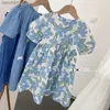 Jurken voor meisjes Zomer Lolita Blauwe bloemen Kinderkleding Meisjes Casual Elegante kinderen Jurken voor tieners Feest Fee Prinses Zonnejurk BaljurkL2402