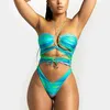 Mulheres Swimwear Sexy Azul Gradiente Biquíni 2024 Mulheres Halter Cut Out Bandage Cross Thong Verão Praia Banheira Terno One Piece SwimsuitH24222