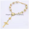 Charm Bracelets Cross Rosary Bracelet Relius Jewelry Women Men Fashion Sier Gold Beads Glass Pearl Jesus Christian Charm Bracelets Wi Dhesn