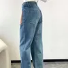 Loewee designer jeans lyxmode för kvinnor jeans höst/vinter läderväska design med rak ben denim midje golv drag ljus färg denim byxor