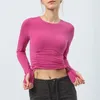 Camicie attive Nude Yoga Sport Top con coulisse Vita pieghettata Running Fitness Tee Shirt Autunno Primavera Manica lunga imbottita T-shirt slim solida