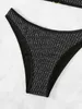 Mulheres Swimwear Sexy Black Bikini Mulheres Anel Ligado Push Up Micro Swimsuit Brilhante Corte Banheira Terno Thong Beach Outfits 2023H24222