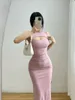 Abiti casual WOMENGAGA Moda Abito Rosso Piccante Ragazza Petto Sexy Hollow Senza Maniche Split Stretto Abito Sottile Hip Lungo Donna Dolce 7OC3