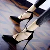 Women Dress Shoess High Heels Sexy Apricot Single Shoes Spring/summer Fresh French Black Suede Fine Heel Sandals with Pointed Ties