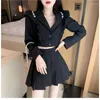 Two Piece Dress Lnsozkdg Women's Jacket Long Sleeve Student Pleated Skirt Suit Female Grey Blazer Lady Office Work Blazers Short Sets