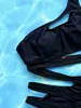 Women's Swimwear Sexy Hollow Out Bikini Set 2024 Women Black One Shoulder Bandage one piece Swimsuit Summer Bathing Suit High WaistH24222