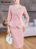 Fotvotee Pink 2 Piece Sets for Women Fashion Office Ladies Double Breasted Slim Blazers Elegant High Waist Skirt Suits 240219