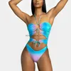 Mulheres Swimwear Sexy Azul Gradiente Biquíni 2024 Mulheres Halter Cut Out Bandage Cross Thong Verão Praia Banheira Terno One Piece SwimsuitH24222