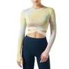 Damen-T-Shirts, Frauen, Nabel freiliegendes Kreuz, langärmelig, Batikfärbung, Yoga, Laufen, Fitnessstudio, T-Shirt-Oberteile