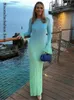 Temel Sıradan Elbiseler Şık Gradyan Yuvarlak Boyun Pileli Kadın Giysileri Elastik Uzun Kollu Yüksek Belli Elbise 2023 Yaz Plajı Tatil Yeleği J240222
