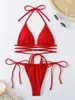 Maillots de bain pour femmes Sexy Rouge Micro Bikini 2024 Mujer Femmes Maillot De Bain Noir Criss Cross Bandage Push Up Maillot De Bain Cravate String BikinisH24222