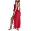 Casual Dresses Ruffle Long For Women 2000s Solid Color Sleeveless High Split Tierred Dress Y2k Clothes Elegant Cocktail Party