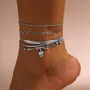 Bracelets de cheville rétro en forme de cœur, chaîne de pieds pour femmes, multicouches en métal perlé serpent filles, bijoux de charme à la mode, 2024