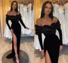 Elegant Black Split Evening Dresses Vintage Long Sleeve Mermaid Off Shoulder Prom Party Gowns With Pleats Ruffles Long Women Occasion Robes