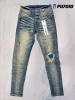 Mens designer broderi quiltning rippad för trendmärke vintage byxa avslappnade solida klassiska raka jeans för manlig motorcykelbyxa Mens Rock Revival Jeans