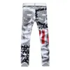 US Flag Printed Jeans High Stretch Slim Fit Casual Five Point Star Red Stripe Large Pants