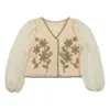 Tricots pour femmes broderie florale pour veste boutonnée col en v Crochet chemisier en maille ample Wo