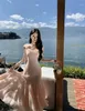 Robes décontractées Été doux élégant rose slip dos nu volants plissé queue de poisson longue femmes 2024 sexy fête d'anniversaire robe de soirée