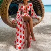 Basic Casual Dresses Beach Dress 2024 Bikini Cover Printed Swimsuit Womens Kimono Plus Size Tuned Sexy Long sleeved Swimsuit Cover J240222