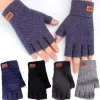 Men Winter Fingerless Gloves Half Finger Writting Office Knitted Alpaca Wool Warm Leather Label Thick Elastic Driving Gloves