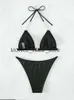 Women's Swimwear Luxury Rhinestone Bikini Women Black Bronzing Metal Chain Strap Push Up Micro Swimsuit 2023 Sexy Bathing Suit ThongH24222